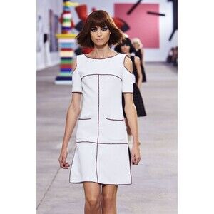 RUNWAY $4,350 Pre-loved 2014 Chanel™ Light Grey Trim Cold Shoulder Shift Dress